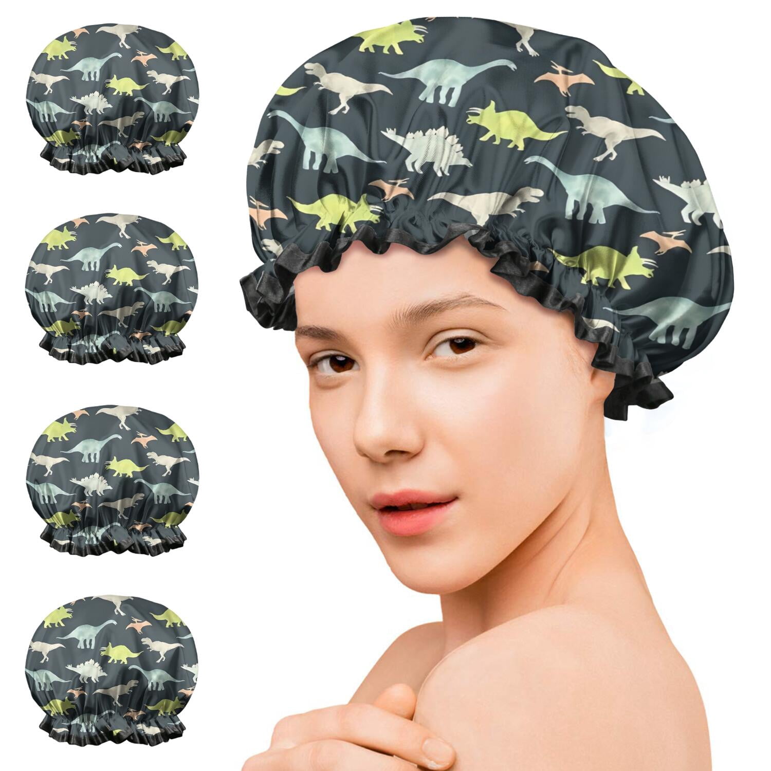 Shower Caps,Dark Watercolor Dinosaur Pattern Waterproof Shower Cap for Women 4 Pieces,Double Reusable Hair Cover for Shower PEVA Elastic Stretch Hem