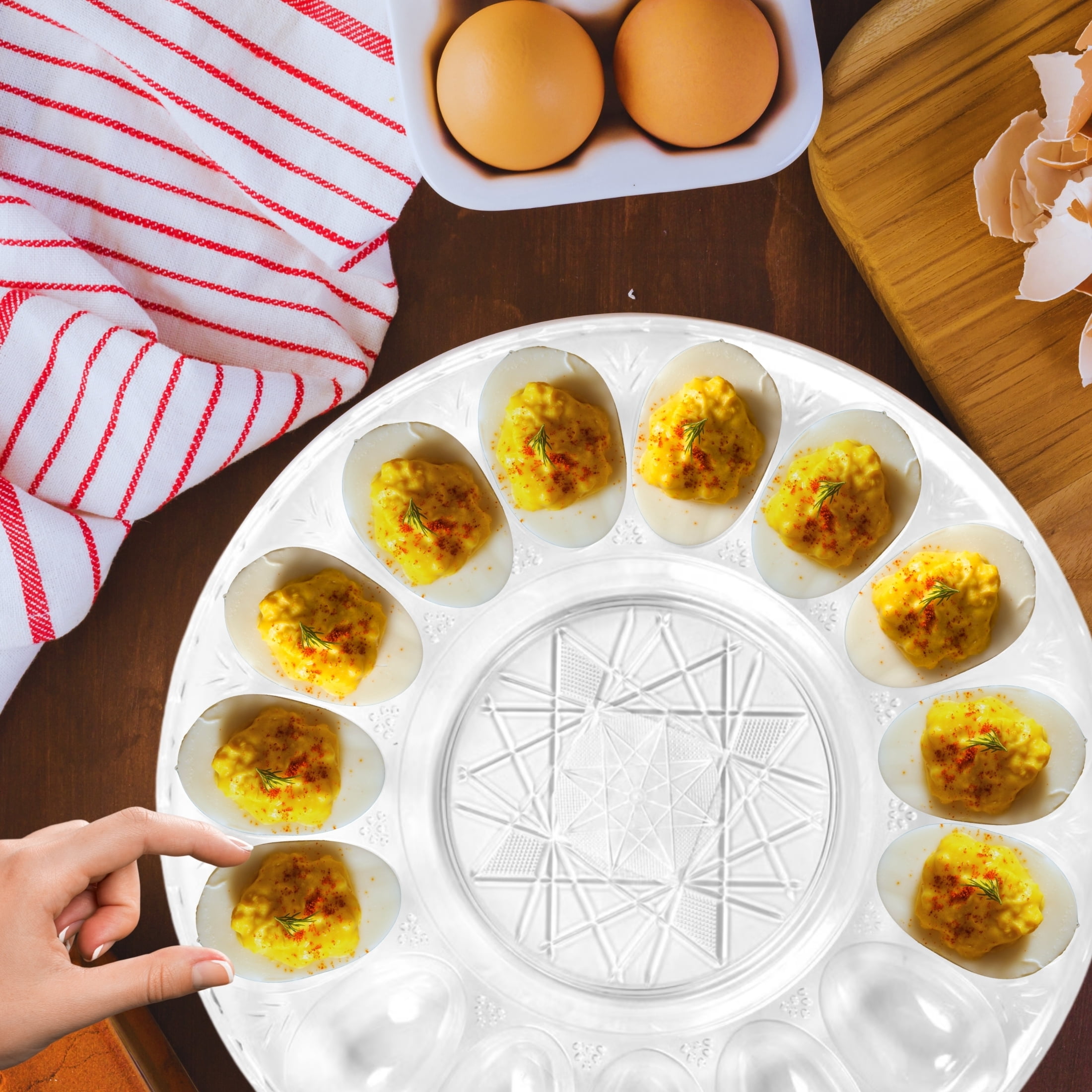 2-Piece Deviled Egg Tray Set, 11.9 in Clear Egg Platter Holds 15 Eggs & 10.37 in Deviled Egg Carrier with Lid Holds 12 Eggs, BPA-Free Plastic Party Serving Picnic Transport Food Trays
