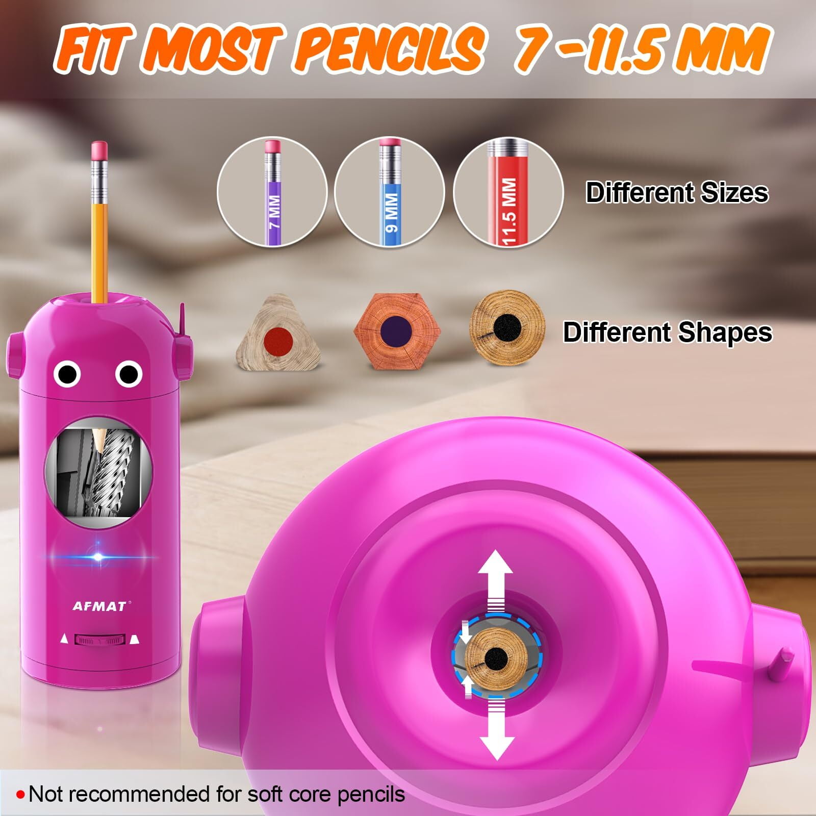 AFMAT Electric Pencil Sharpener,Auto in & Out, Fully Automatic Rechargeable Hands-Free Pencil Sharpener, New,Purple,7.9"H