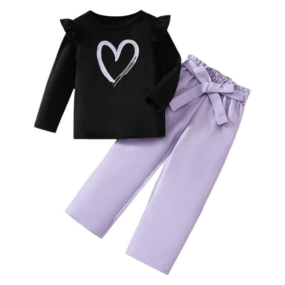 Xijirk Valentines Day Kids Casual Flying Sleeve Top and Flower Printed Pants 2PC Outfit Set for Toddler Kids Girl Play Clothes,Purple,6-7 Years