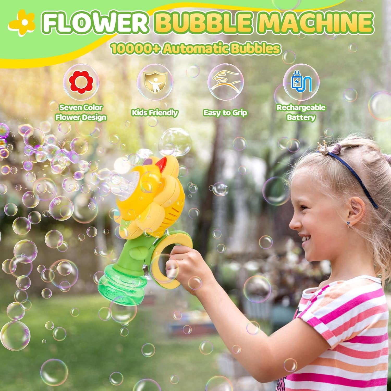 Sunflower Bubble Machine for Bath, Rechargeable Automatic Bubble Maker with LED Lights, Dancing Bubble Blower with 3 Modes, Leak-Proof Tank, Includes 10 Pack Bubble Solution for Bathroom & Party Use