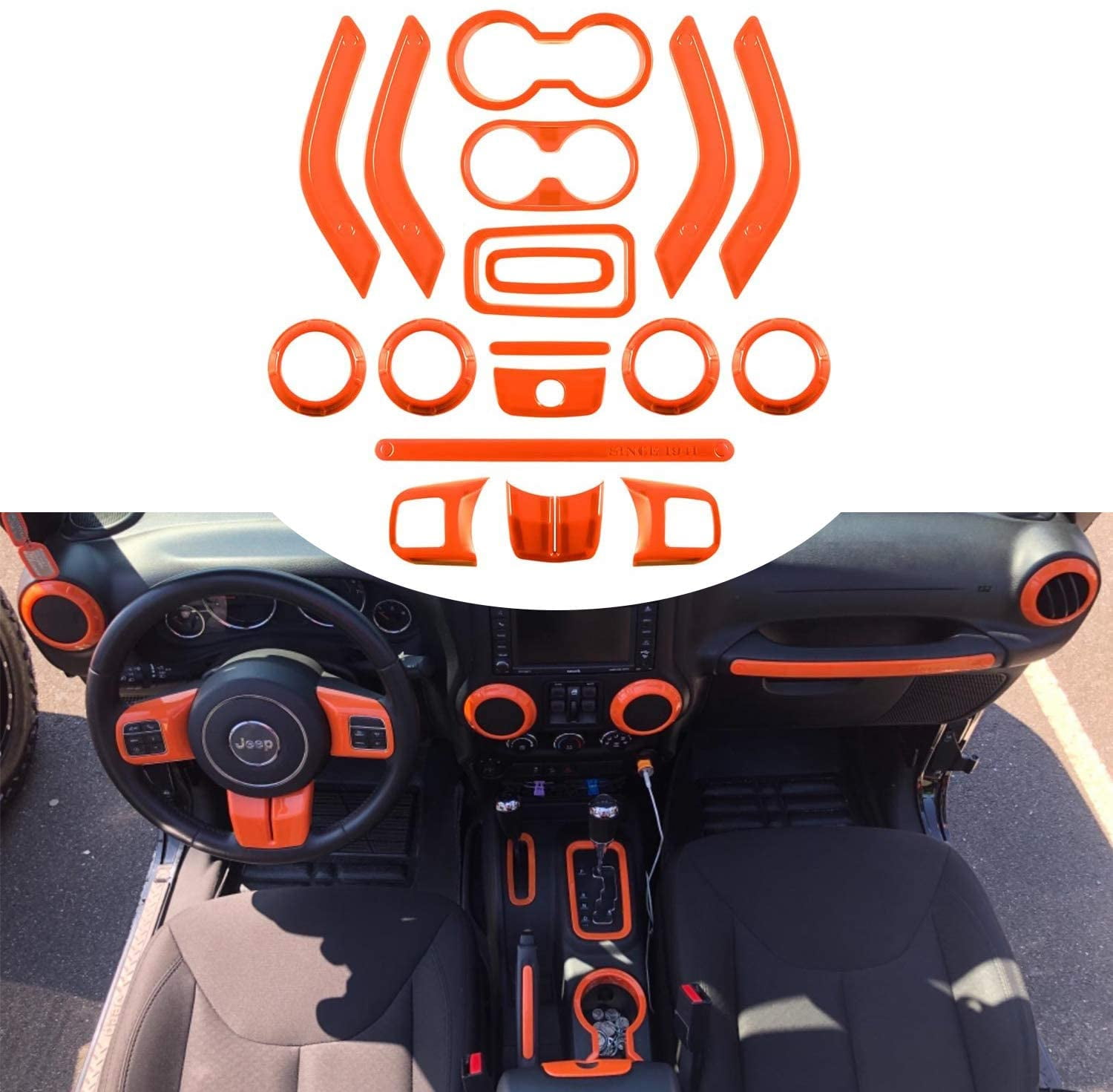 18 PCS Full Set Interior Decoration Trim Kit Gear Shift Knobs Frame & Air Outlet Cover for Jeep Wrangler JK JKU 2011-2018 2&4 door Green Steering Wheel & Center Console Trim 