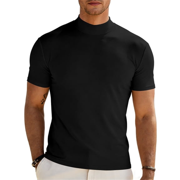 Men's Mock Turtleneck T Shirt Short Sleeve Solid Basic Tee Soft Casual Pullover Top Black 3XL