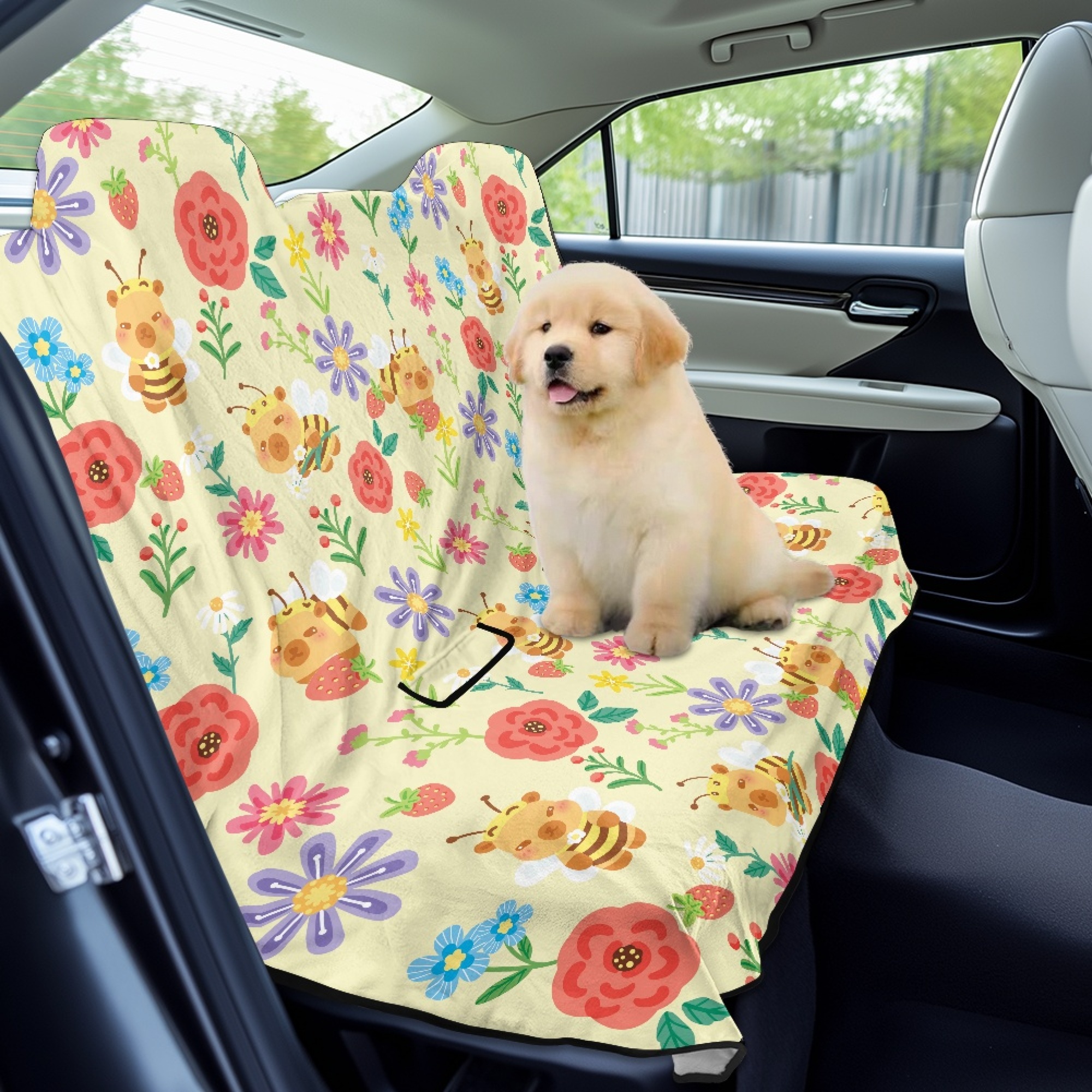 Drydeepin Bee Colorful Flowers Car Seat Cover Towel Backseat Breathable Rear Bench Towel Seat Covers Non-Slip Universal Fit for Sedan Trucks Van SUV, Automotive Seat Protector