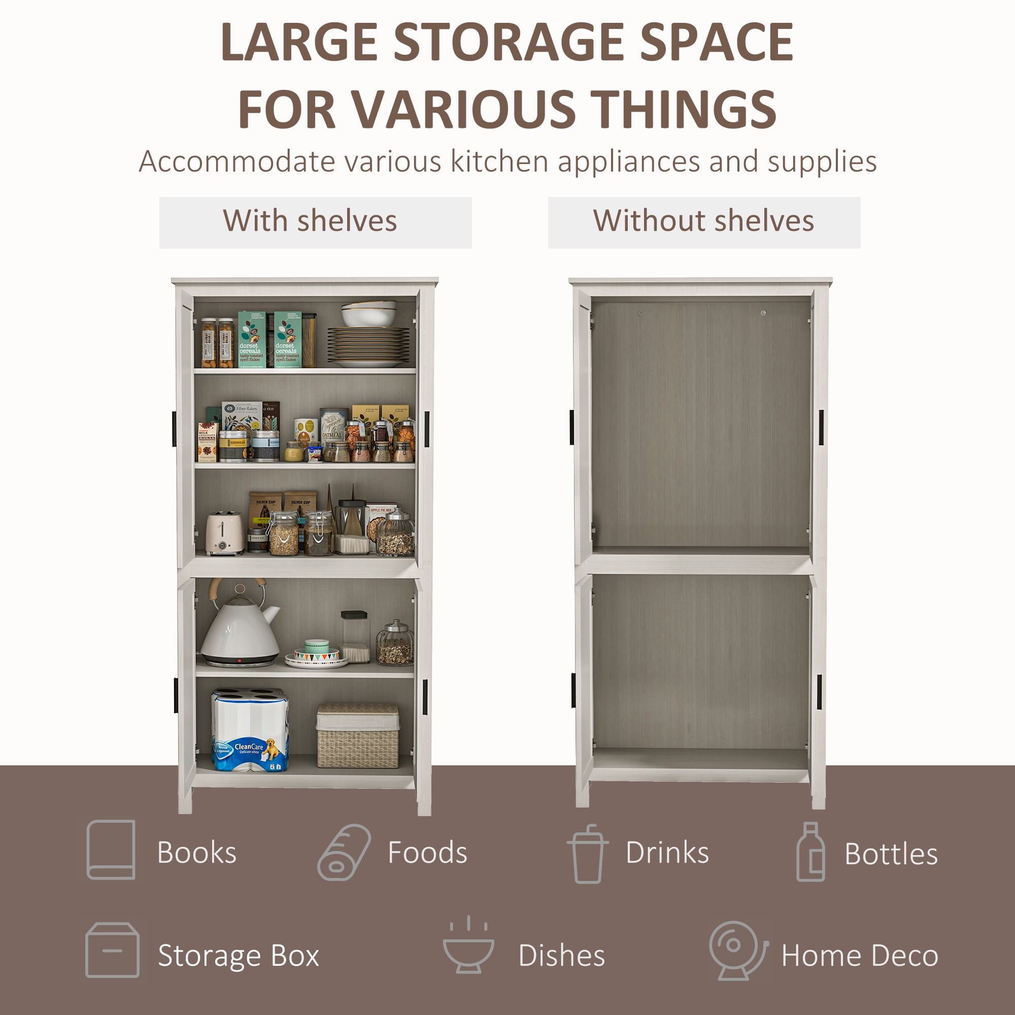 HOMCOM 64" Freestanding Kitchen Pantry Food Storage Cabinet w/ Shelves, White