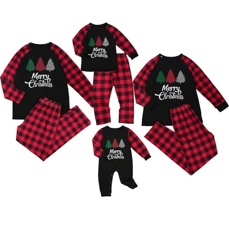 Aunavey Matching Family Pajamas Sets Christmas Tree PJ's Sleepwear Printed Top with Plaid Bottom