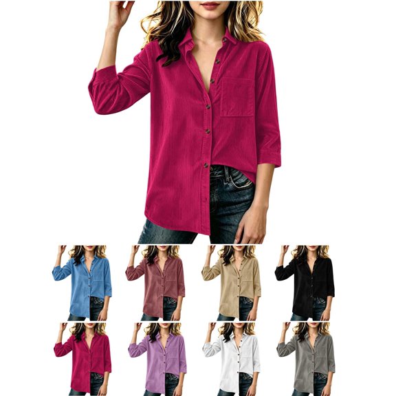 Sevevn Girls' Corduroy Button Down Shirt Long Sleeve Roll‑Up Cuffs Collared Loose Casual Blouse Top With Pocket
