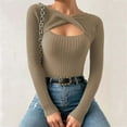 thumbnail image 2 of UYISJ Sweaters for Women 2024 Knit Trendy Long Sleeve Lightweight Slim Fit Pullover Blouse Cutout Front Top Spring Fall Khaki L, 2 of 6
