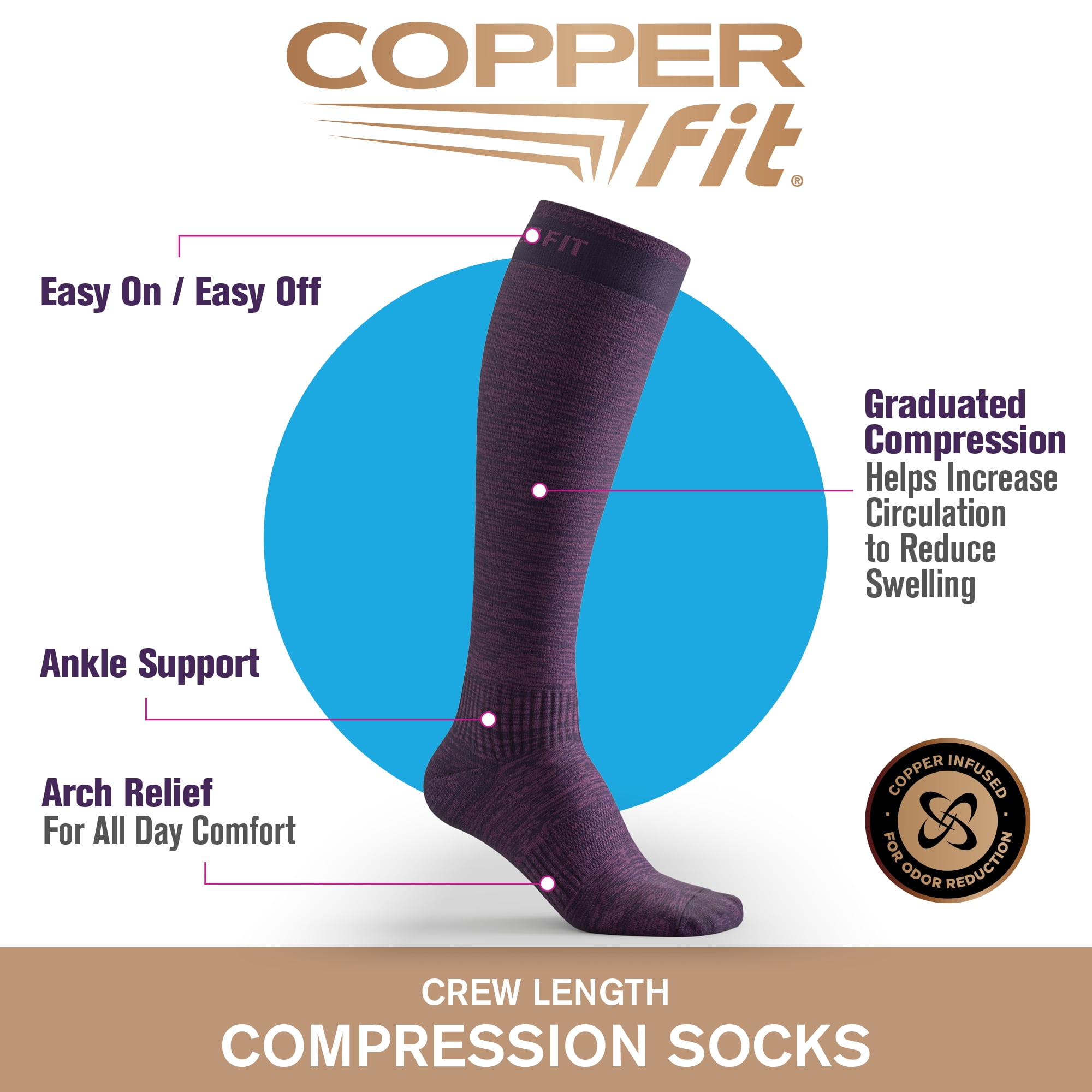 Copper Fit® Compression Socks, Copper Infused Easy-On/Off, 1-pair, Unisex, Heather Purple, S/M