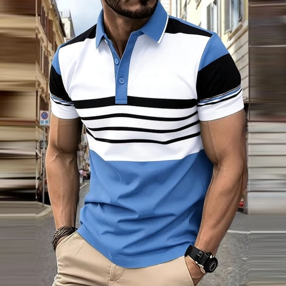 TKKCS Mens Short Sleeve Polo Shirts- Lightweight Casual Collared Color Block Pullover Breathable Striped Polos Sky Blue Size 3XL