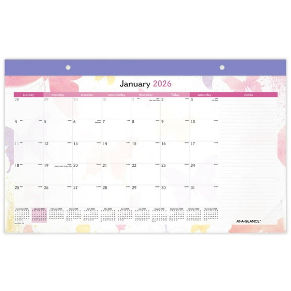 AT-A-GLANCE Watercolors 2026 Monthly Desk Pad Calendar Compact 17 34 x 11 - Desk