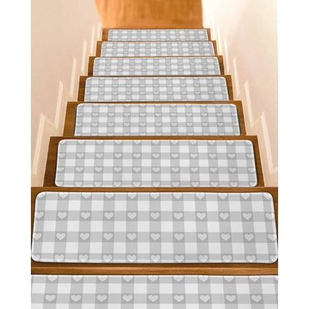 Grey Buffalo Striped Stair Treads for Wooden Steps Indoor Runner Rug Carpet Love Heart Checkered 4 Pieces Peel and Stick Staircase Step Treads Covers Washable Throw Door Mats 30 x8