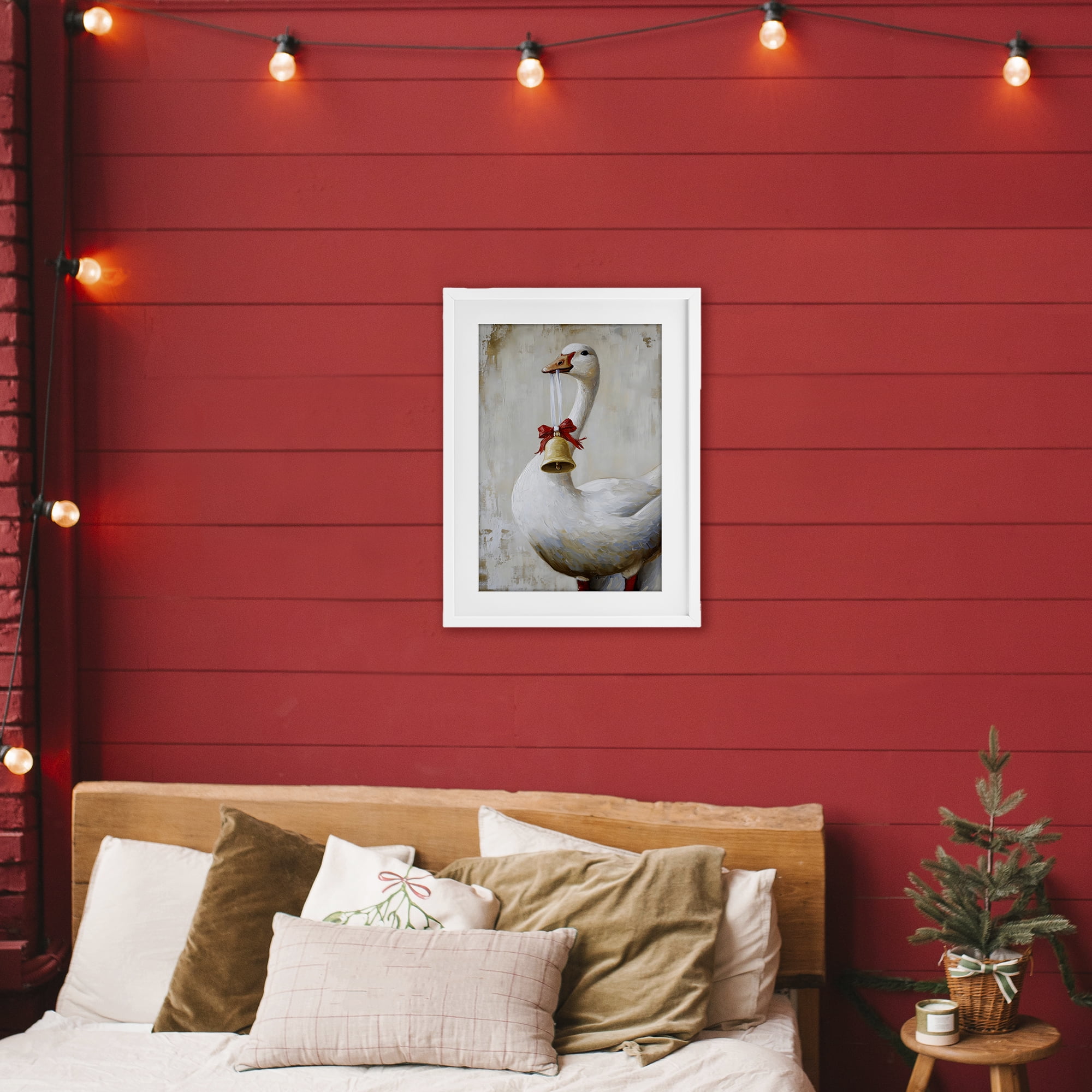 Festive Jingle Goose White Framed Print Under Glass, design by Petal Prints Design