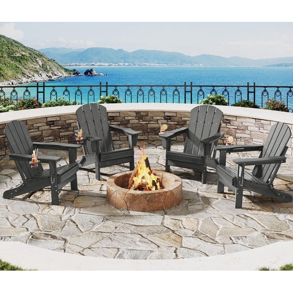 Folding Adirondack Chair Set of 4, HDPE Outdoor Patio Chair with Cup Holder, All Weather Resistent Wooden Textured for patios, Decks, Gardens, fire Pit, Grey