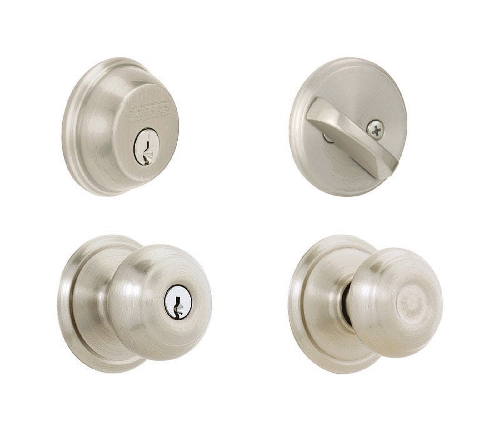 Schlage FB50N V GEO 619 B60 Single Cylinder Deadbolt and F51 Keyed Entry Georgian  Knob Keyed Alike, Satin Nickel Finish