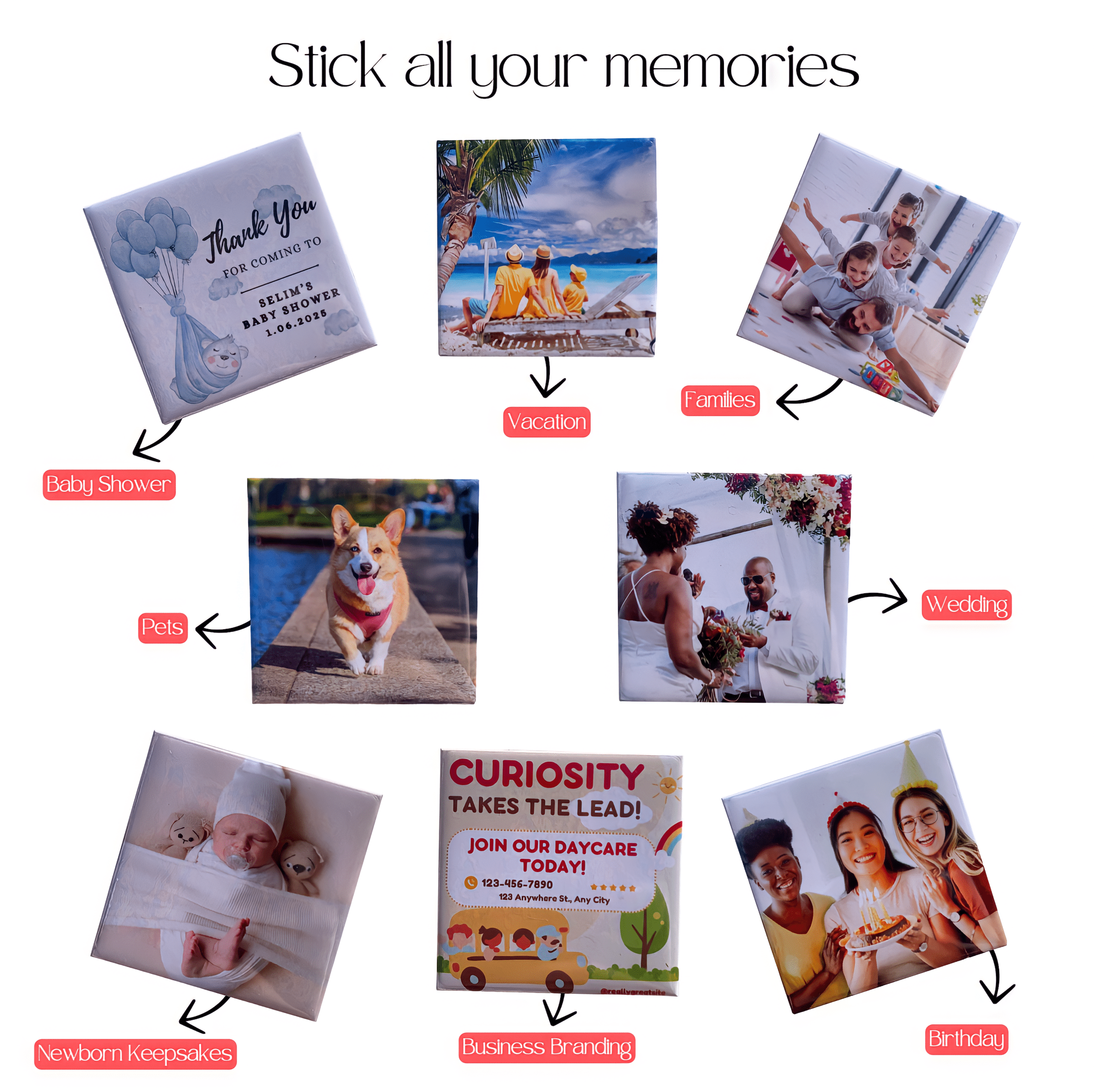 Set of 6 Custom Photo Magnets, Personalized Gifts, Holiday Keepsakes, Personalized Refrigerator Magnets, Birthday Favors, Baby Shower Favors, Wedding Favors, Branding, Newborn Keepsakes, 2"x2"