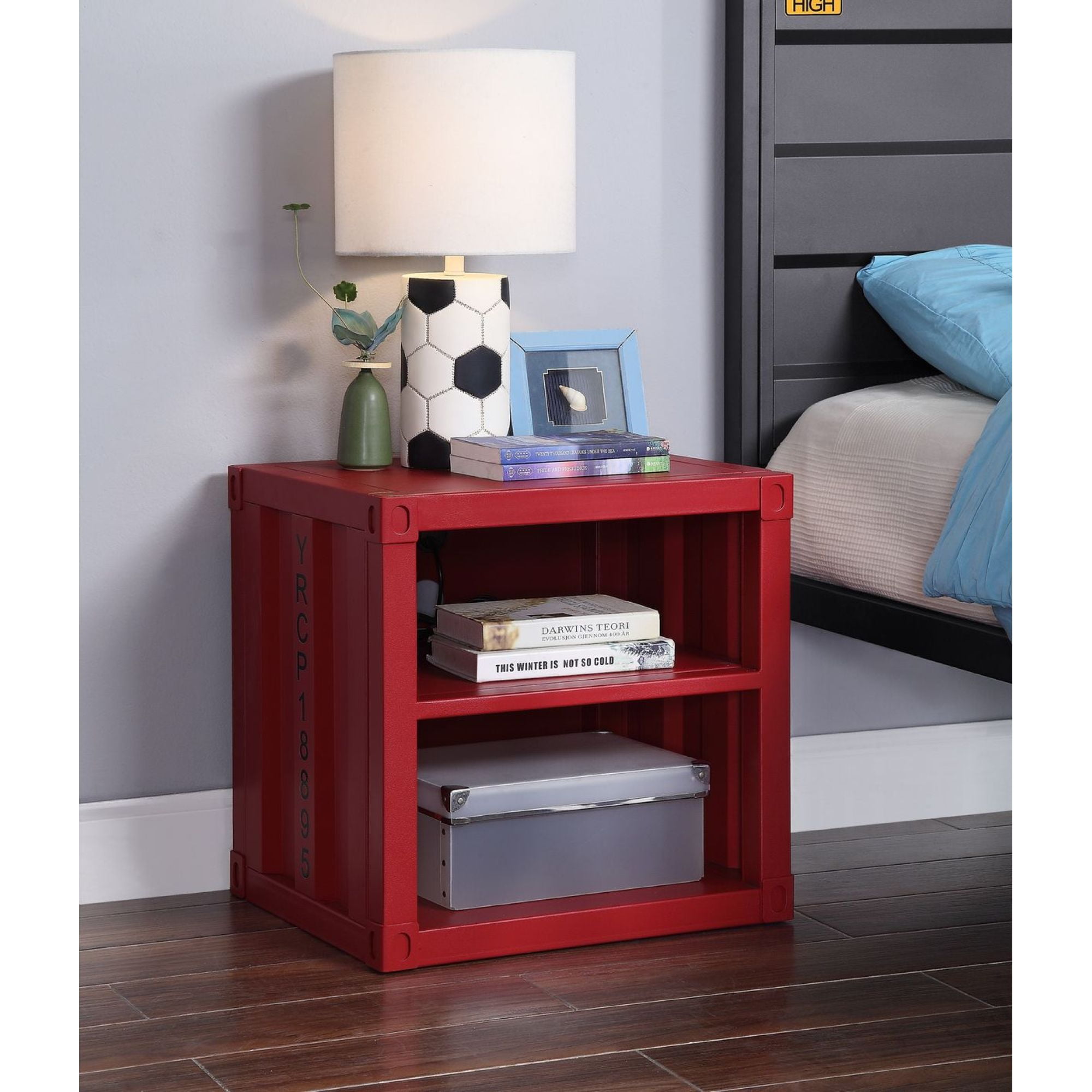 Cargo Container Red Metal Frame Nightstand 20" with Shelf
