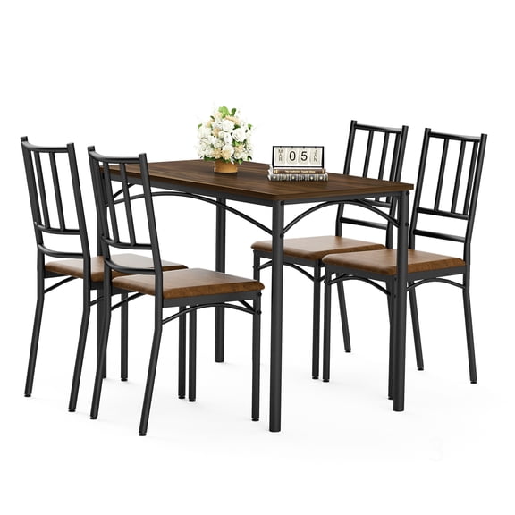 CHAMPFLAG Counter Height Dining Table Set for 4, Industrial Walnut Finish Table with 4 Padded Stools, Modern Kitchen & Breakfast Nook Furniture