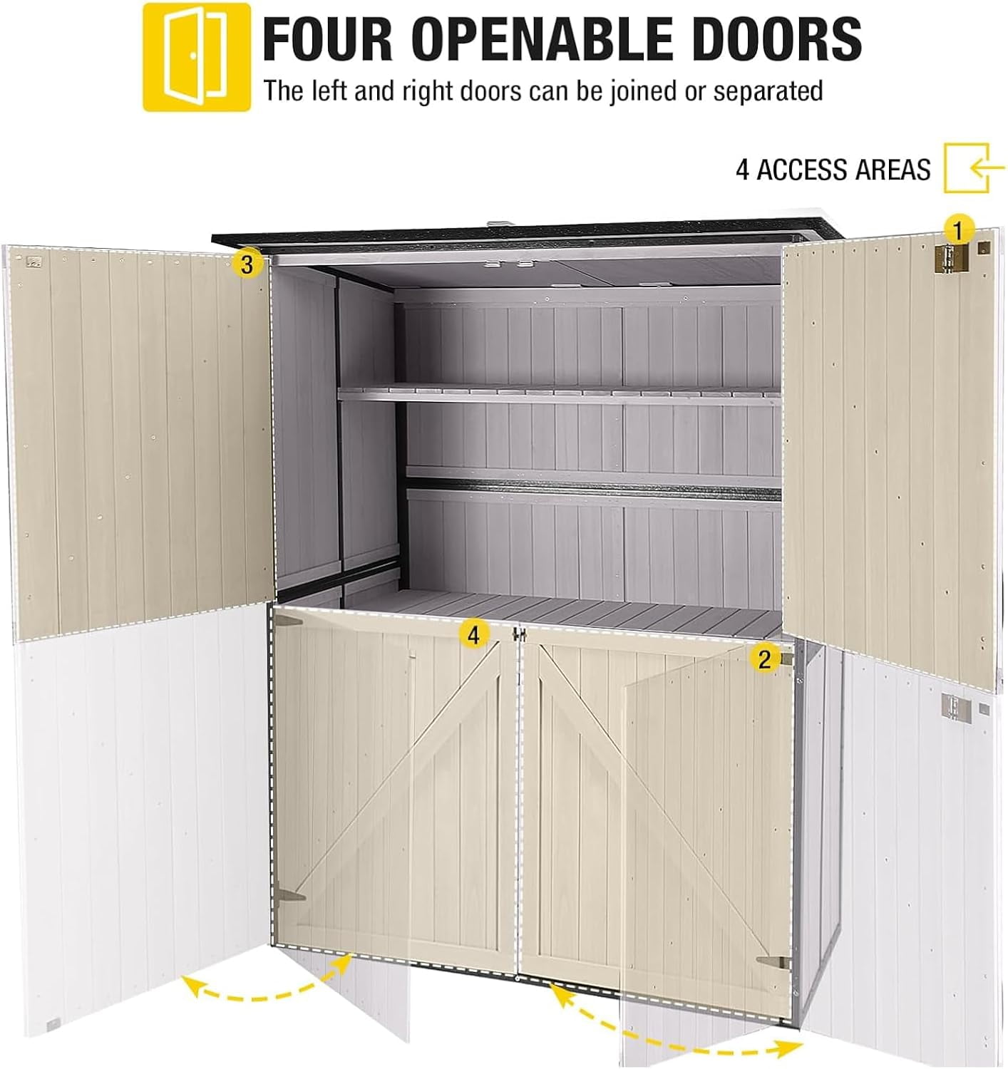 Aivituvin Storage Shed Outdoor Storage Cabinet Upgraded with All Arounded Metal Frame, Wooden Floor and Adjustable Shevels 55" L x 29" W x 67" H, Off-White