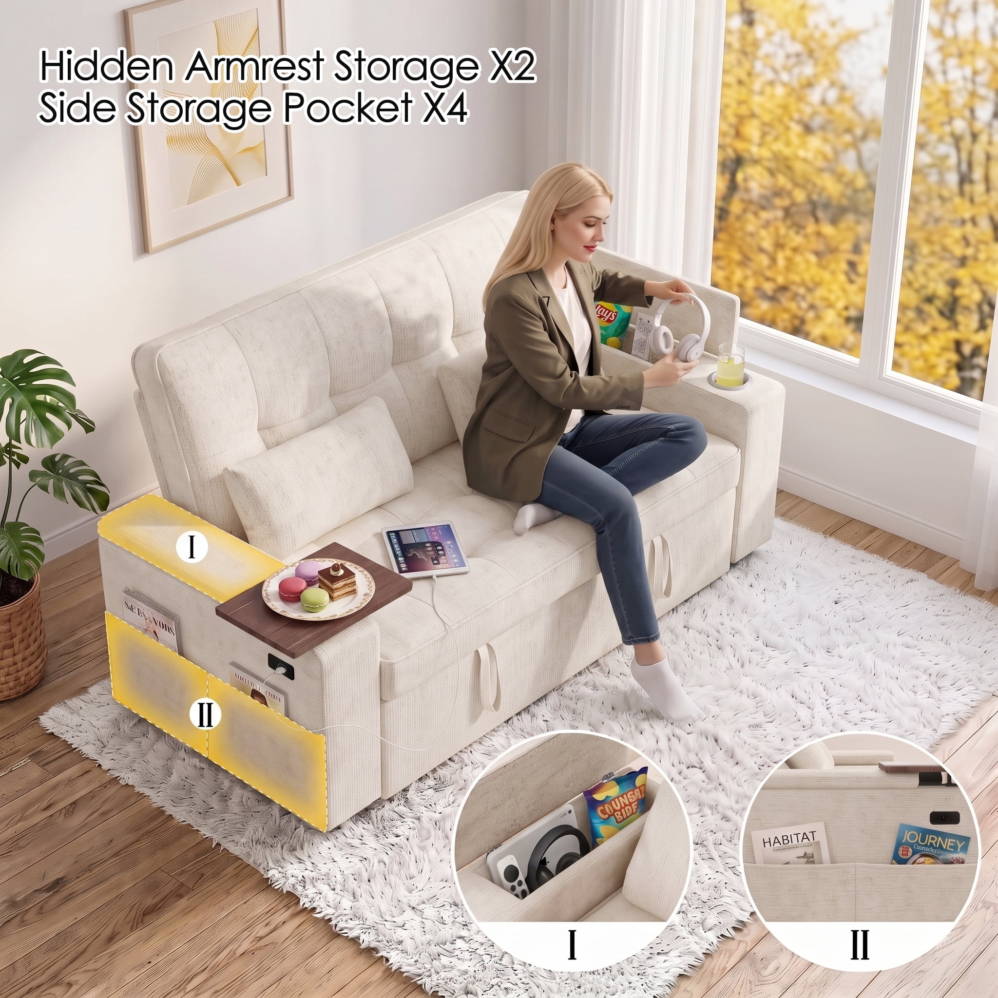 Xiweot 65" Sleeper Sofa Bed, 3-in-1 Convertible Chenille Futon Couch, Loveseat Sofa with Adjustable Backrest, Pull out Couch with Storage Armrest, Table & Pillows for Living Room Apartment (Beige)