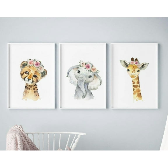 Luvia Safari Baby Nursery, Baby Girl Nursery, Girls Room Jungle Baby Nurserys, Set Of 3 Nursery Prints 3, Modern Wall Decor Set 3 Prints 8x12 UNFRAMED