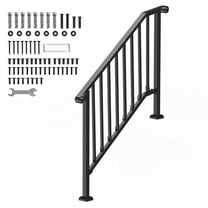 KFFKFF Outdoor Handrails for 3-4 Steps, Sturdy Carbon Steel Stair Rail Kit with Installation Accessories, Ideal for Seniors, Suitable for Concrete Steps, Porches & Decks, Black Retro Design