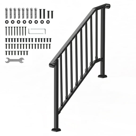KFFKFF Outdoor Handrails for 3-4 Steps, Sturdy Carbon Steel Stair Rail Kit with Installation Accessories, Ideal for Seniors, Suitable for Concrete Steps, Porches & Decks, Black Retro Design