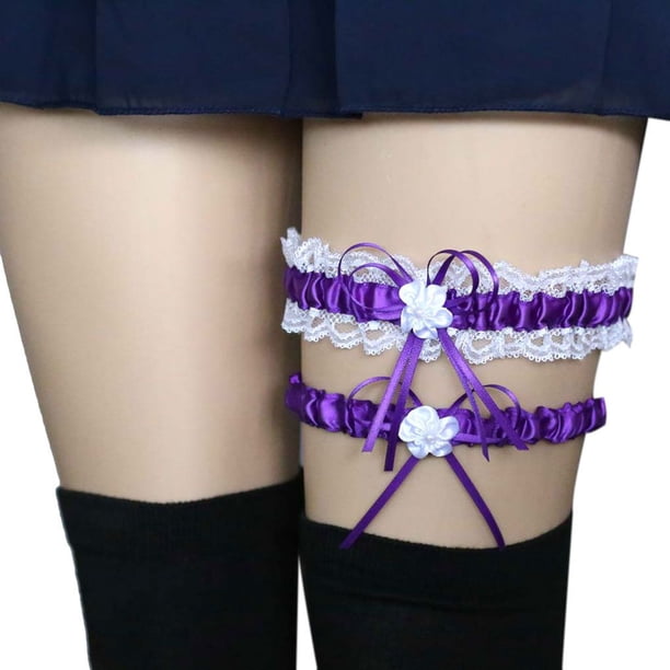 Jumpingount 2 uds conjunto de liga de encaje nupcial para boda mujeres niñas elástico Floral pierna anillo cinturones pierna ligas Medias Púrpura