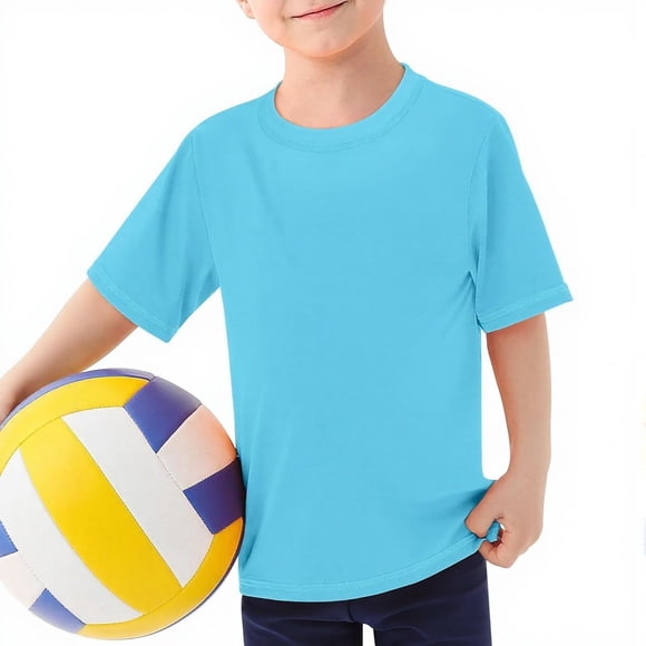 GPOECD Boys UPF 50+ Short Sleeve Rash Guard Swim Shirt Sun Tee For Youth Outdoor Water Sports Light Blue,13-14 Years