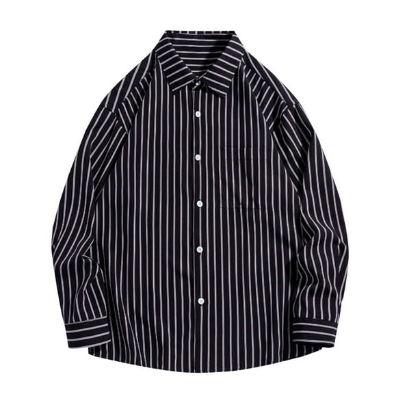 LNWUY Men's Striped Button Down Shirts Oversized Cotton Linen Long Sleeve Fashion Versatile Shirt Dressy Casual Blouse Black XXL
