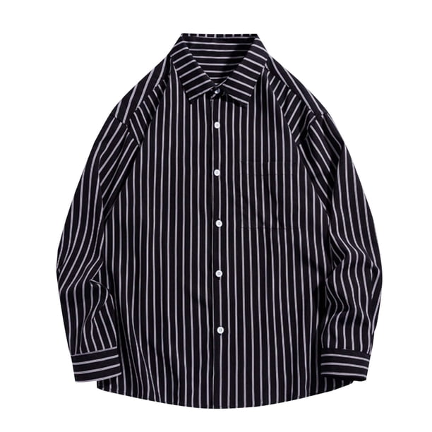 pstuiky camisetas de manga larga para hombre, Camisa de manga larga con cuello vuelto, rayas y botones para hombre salir tops l