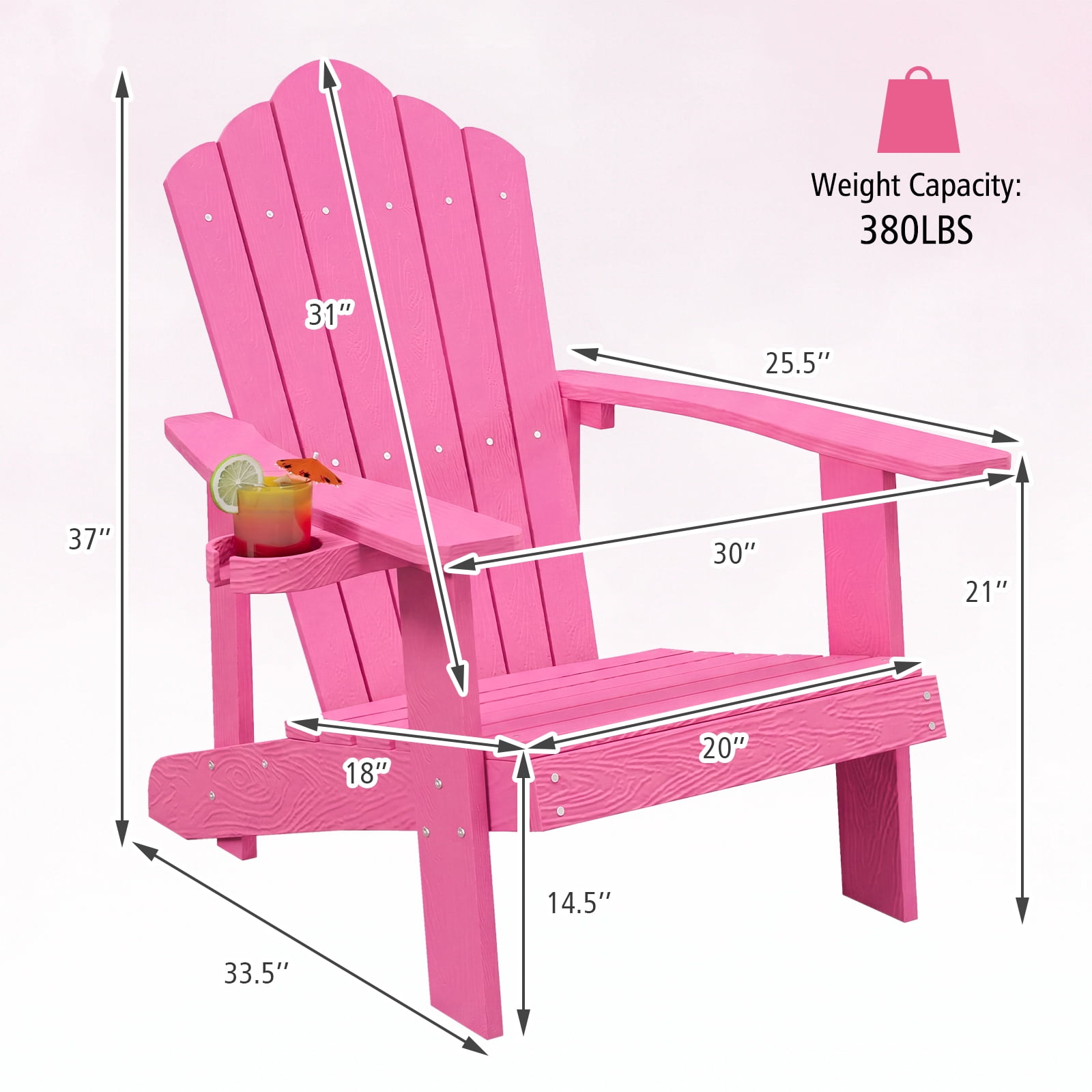 Costway Oversized Adirondack Chair,Patio Lounge Adirondack Chair with Adjustable Cup Holder Pink
