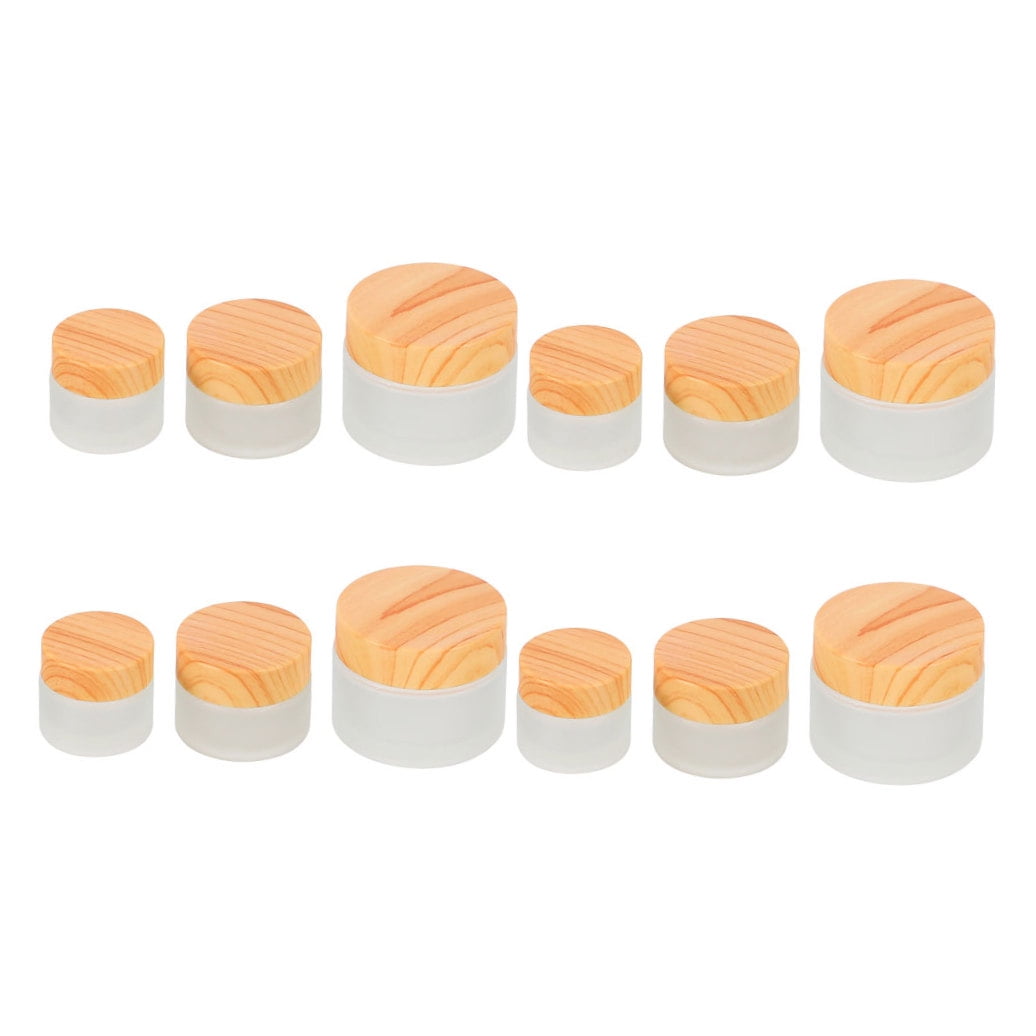 FENGGUIQU 12Pcs Glass Travel Containers for Toiletries Multiuse Leak Proof Jars with Wood Lid