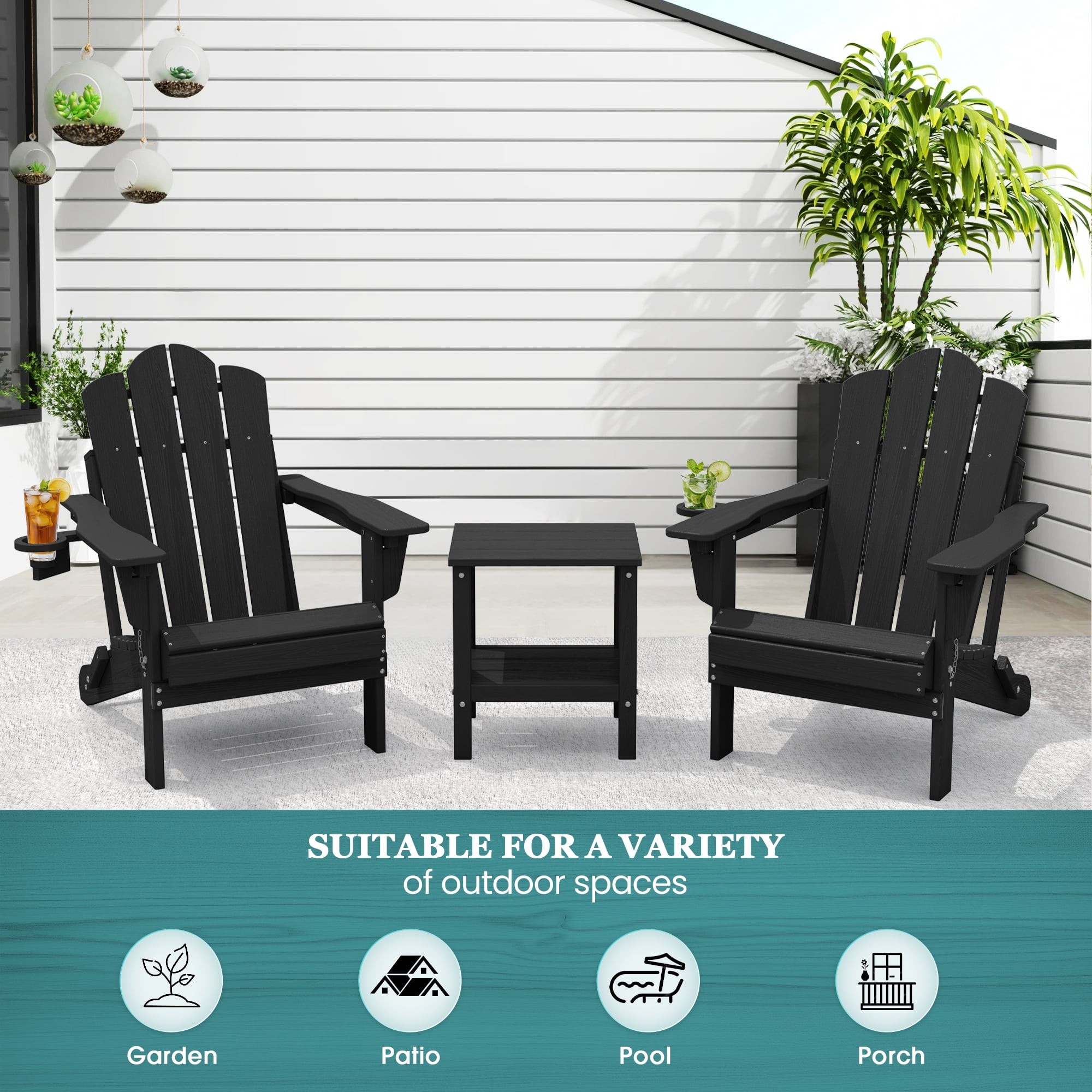 KINGYES Folding Adjustable Adirondack Chairs Set of 4, All Weather Use Reclining Adirondack Chair, HDPE Adirondack Outdoor Chair - Black