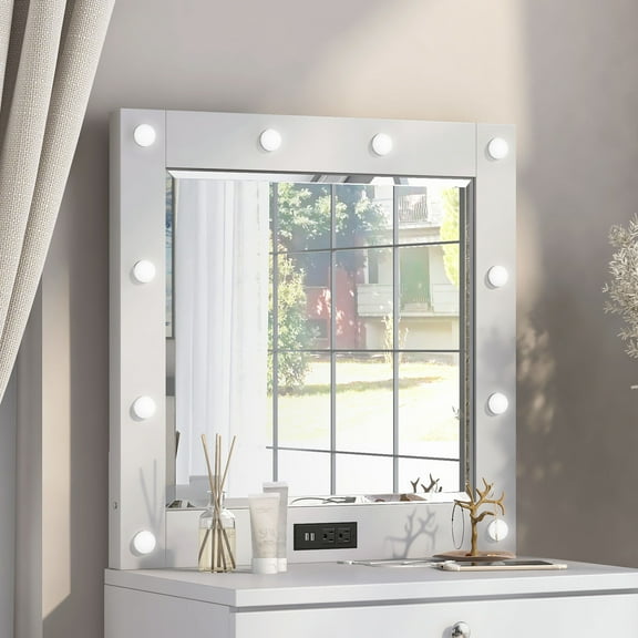 Mary Wood Vanity Mirror with Bulbs, High Gloss White