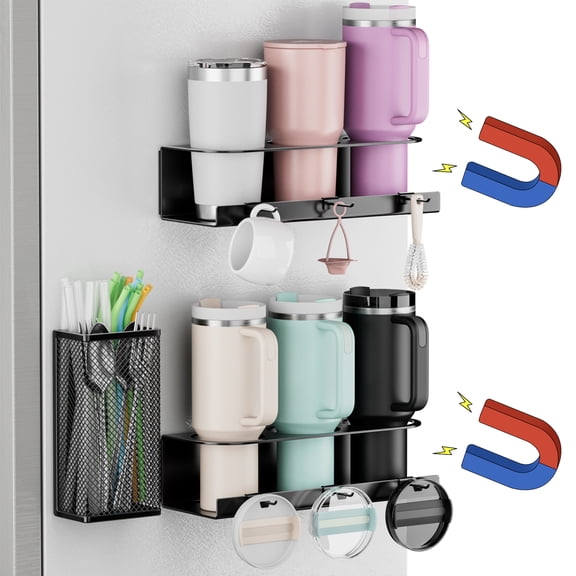 EKNITEY 2 Pack Magnetic Cup Holder for Stanley 20/30/40oz, No Drill Refrigerator Tumbler Organizer with Straw Basket & 6 Hooks, Space Saving Water Bottle Storage for Fridge RV Kitchen, Black