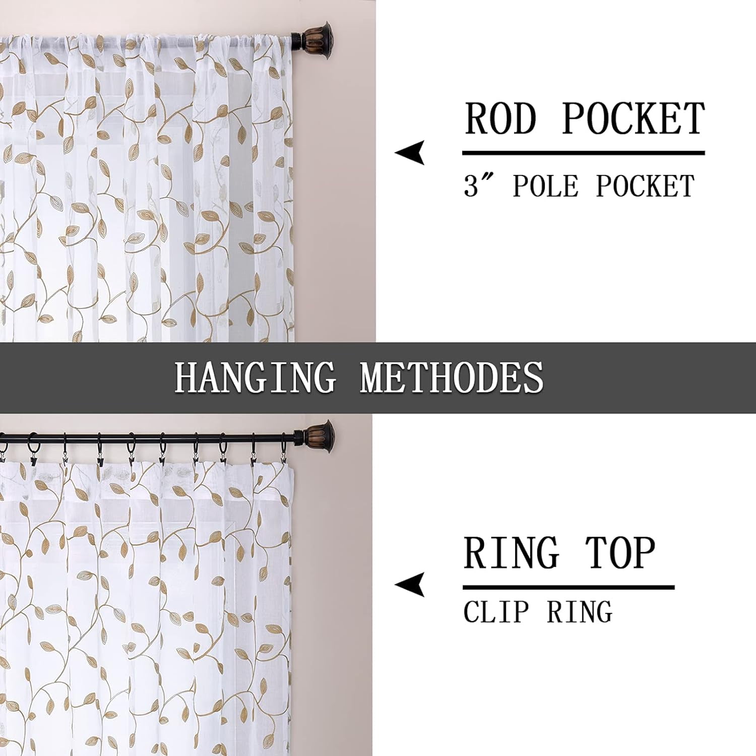Sunyuer Leaves Short Sheer Curtains Taupe Leaf Embroidery Curtain Rod Pocket Voile Faux Linen Embroidered Leaves Curtains for Bedroom Living Room, 52W X 84L inch, Set of 2 Panels, Taupe