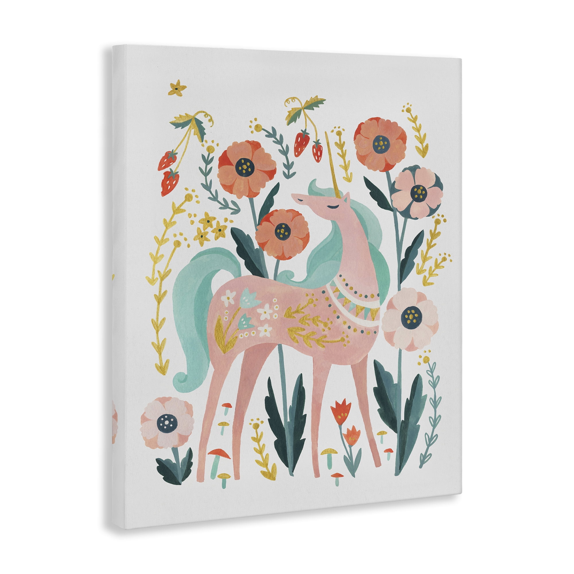 Stupell Industries Pink Unicorn with Florals Fantasy & Sci-Fi Painting Wrapped Canvas Art Print Wall Art, 16 x 20