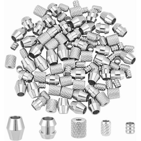 100Pcs 5 Styles Paracord Bead Grooved Column Beads Metal Lanyard Beads Column Spacer Beads Stainless Steel European Beads Bracelet Beads Large Hole Bead 4-9mm for DIY Jewelry Making