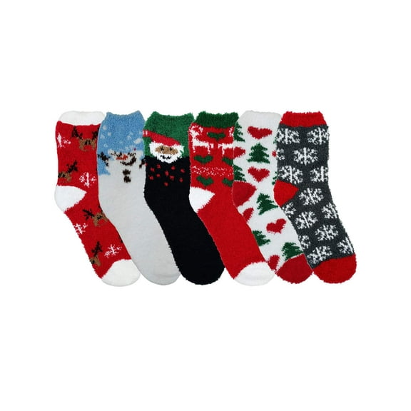 Womens 6-Pack Holiday Print Christmas Soft Fuzzy Slipper Socks