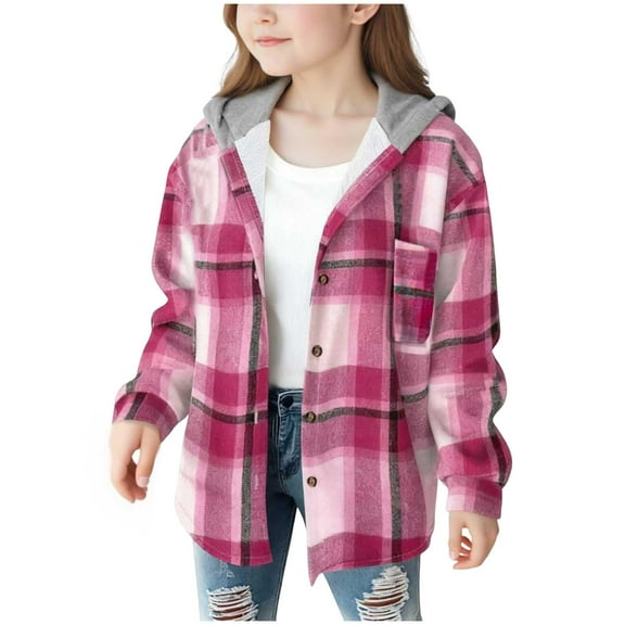 HCNTES Girl Fall Jacket Plaid Lined Flannel Shirts Button Down Hooded Shirt Kids Casual Holiday Jackets 4 15 Years,Sizes 10-11 Years