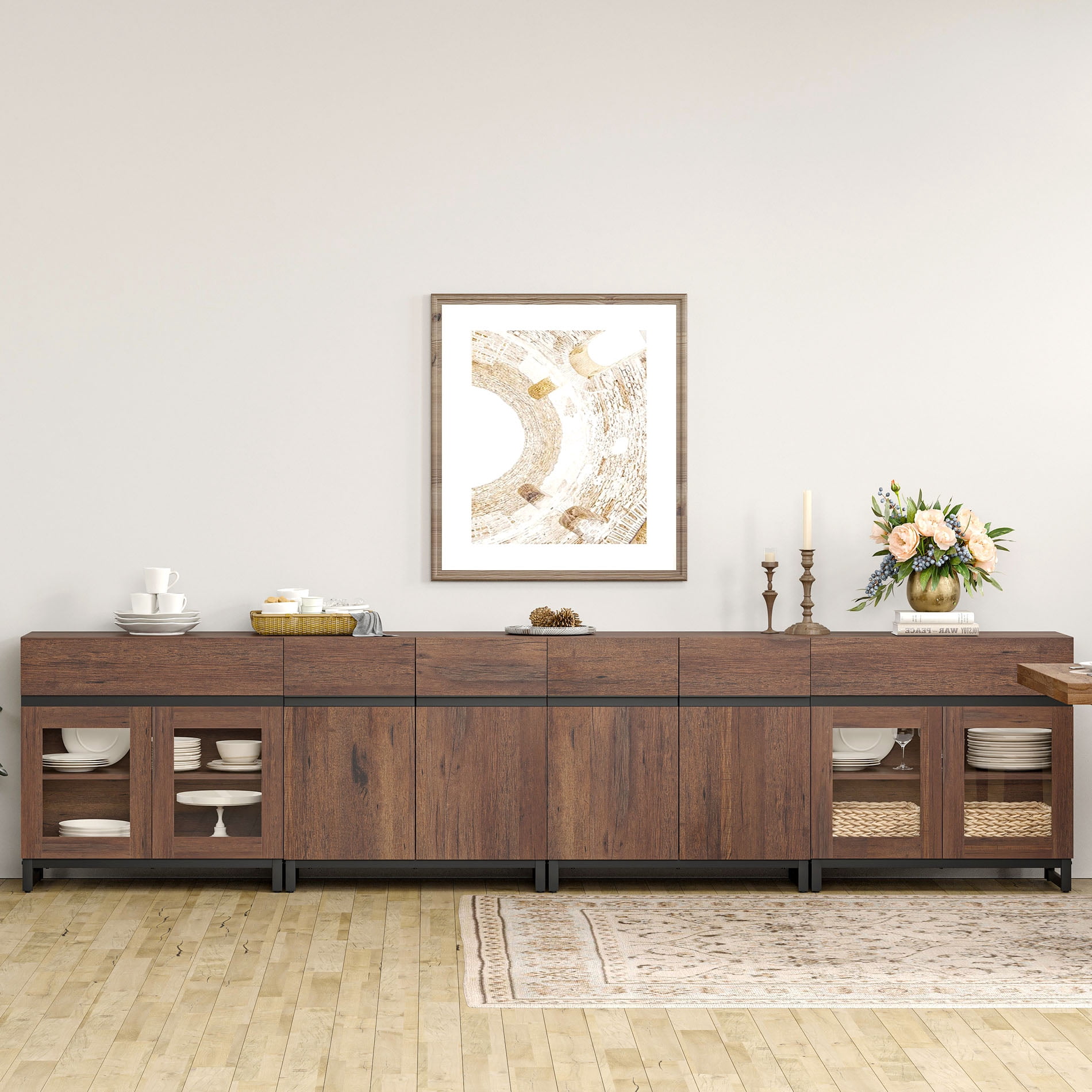 4 In 1 Sideboard Buffet Cabinets With Glass Doors And 2 Drawers, Modern Sideboard Credenza With Adjustable Shelf And Metal Base, Coffee Bar Cabinet Storage Cabinet,Brown