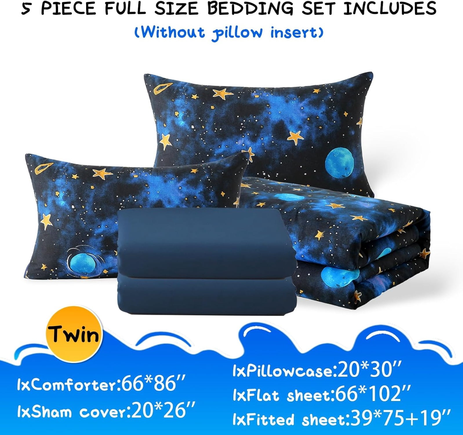 Unbranded Glow in The Dark Kids Comforter Set, 5 Pieces Blue Space Bedding Set Twin Size for Boys Girls Teen, 1 Comforter, 1 Pillowcase, 1 Pillow Sham, 1 Flat Sheet, 1 Fitted Sheet