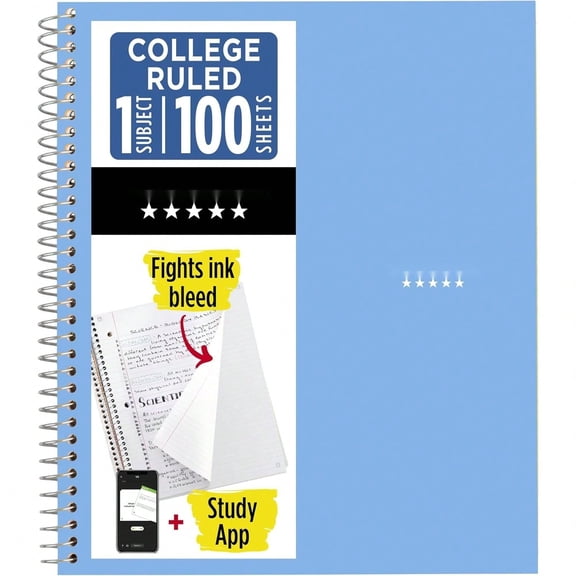 Spiral Notebook Study App, 1 Subject, College Ruled Paper, 8.5" x 11", 100 Sheets, Blue (Color May Vary) (72565) - Pack of 1