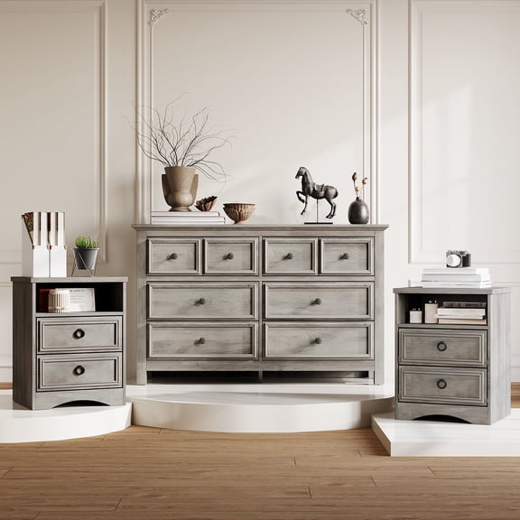 LGHM 3 Piece Bedroom Dresser Set, 8 Drawer Dresser Farmhouse Long Chest of Drawers and 2 Drawers Nightstand set of 2, Gray