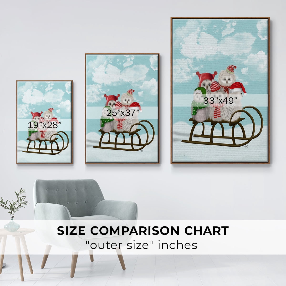 Christmas Christmas Owl Sled - Framed Gallery Wrapped Holiday Canvas - 27 x 41 - Rosewood Frame
