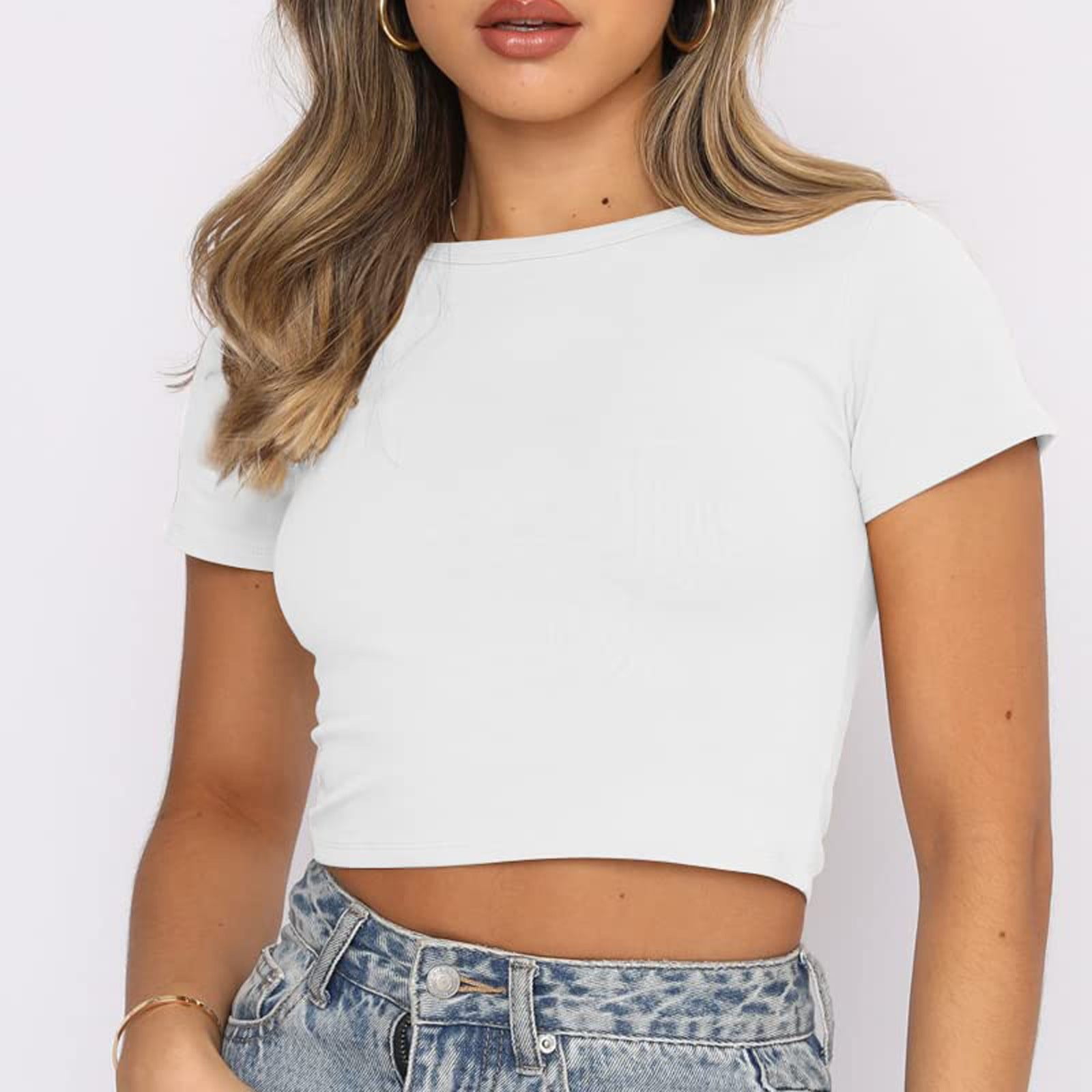 Women's Cute Short Sleeve High Neck Double Lined Tight T Shirts Crop Tops Tees, Tops Cute Trendy Basic Tight Scoop Neck Crop Sleeve Crop Top for Women or Teen -