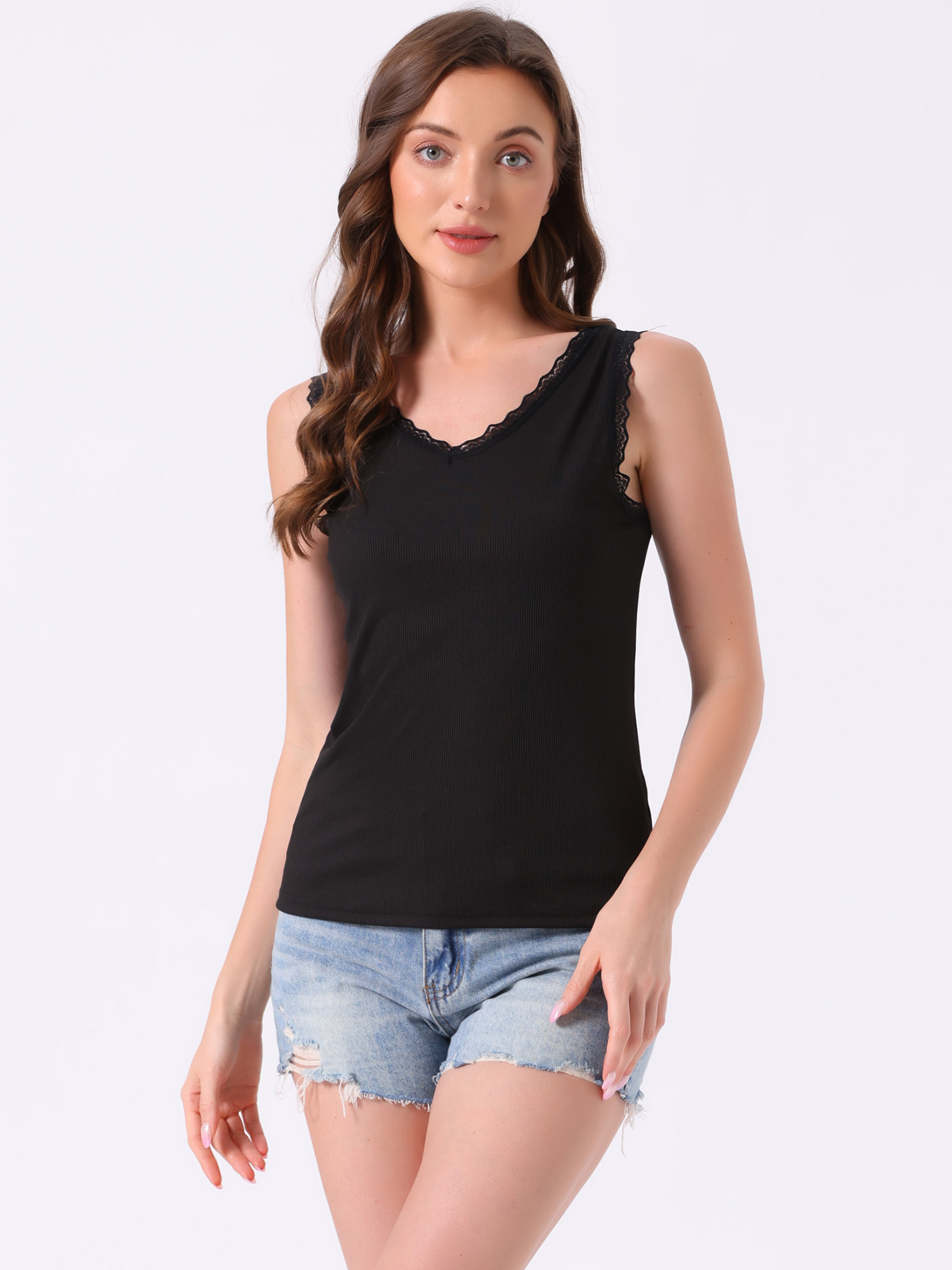 DARING DIVA Lace Trim Tank V Neck Sleeveless Undershirt S Black