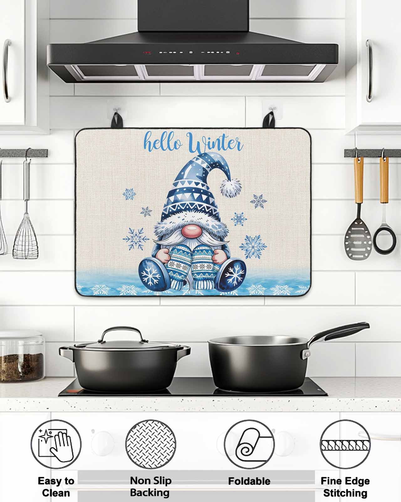 Stove Top Covers for Electric Stove, Blue Gnomes Christmas Glass Stovetop Cover Protector, Xmas Snowflake Hello Winter Induction Cooktop Protector Oven Mat for Kitchen Countertop 24"x21"
