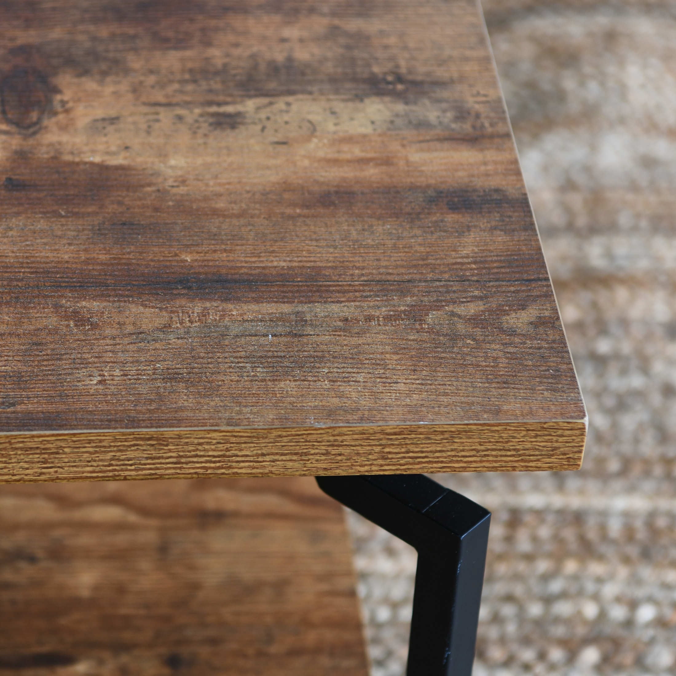 Household Essentials Crown Rectangular Coffee Table with Storage Shelf Rustic Hickory Wood Grain and Black Metal